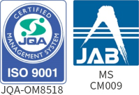 ISO 9001 認証マーク（JQA-OM8518）および JAB 認定マーク（MS CM009）
